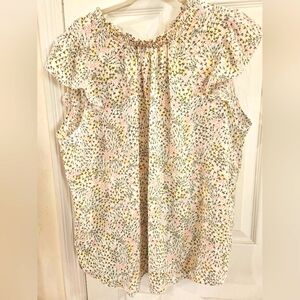 LOFT Pink and Yellow Flutter Sleeve Blouse